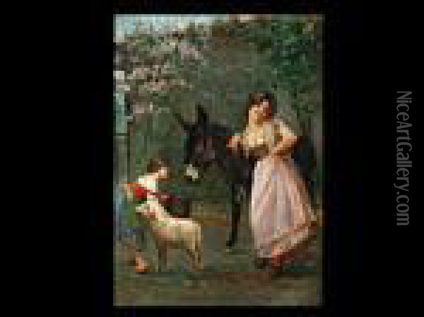 Junge Frau Mit Esel Und Kind Mit Schaf Oil Painting - Cesare Ciani