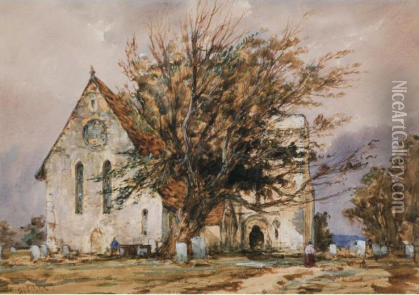 A Church Probably In Sussex With Aged Yew Tree Oil Painting - Richard Henry Nibbs