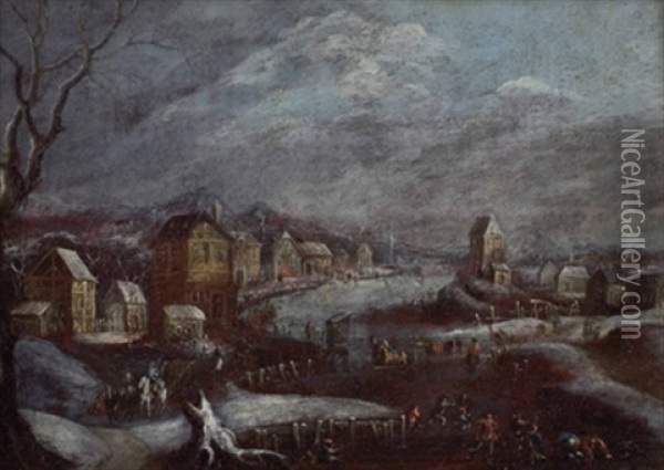 Das Eisvergnugen Vor Verschneiter Dorflandschaft Oil Painting - Franz-Joseph (Weber) Textor