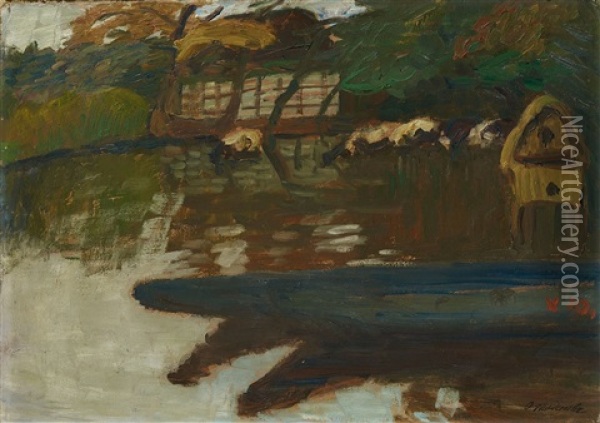 Herbst An Der Wumme Mit Booten, Entenhaus, Kuhen Und Wilkens Scheune Oil Painting - Otto Modersohn