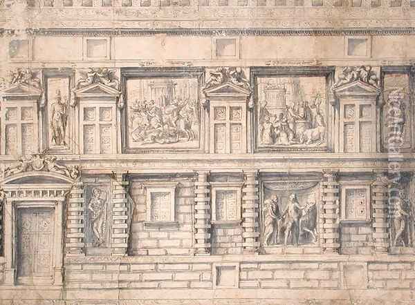 Facade with statues and reliefs, project for the Palazzo Doria in Genoa Oil Painting - Perino del Vaga (Pietro Bonaccors)
