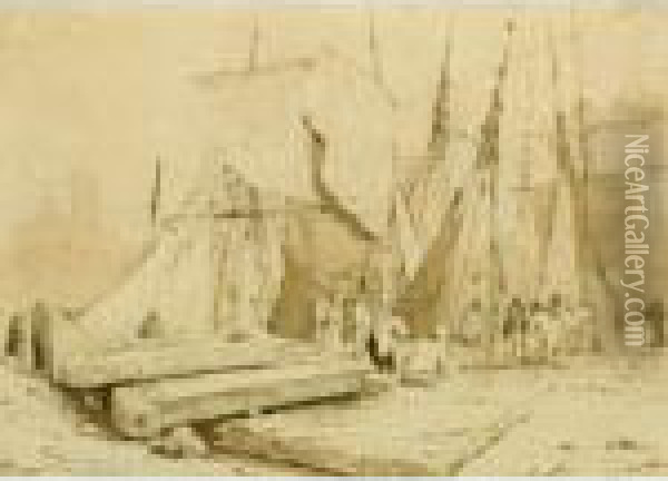 Various Properties
 

 
 
 

 
 Boats And Fishermen On The Shore, Dieppe Oil Painting - Richard Parkes Bonington