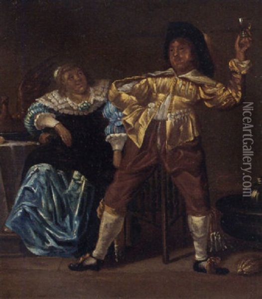 A Couple Making Merry In An Interior Oil Painting - Pieter Jacobs Codde