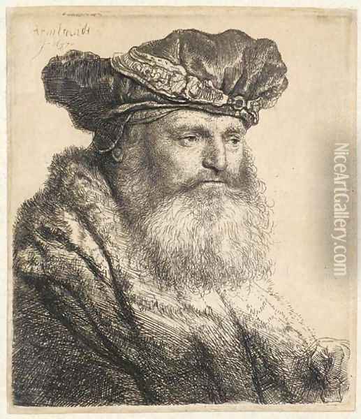 A bearded Man in a Velvet Cap with a Jewel Clasp Oil Painting - Rembrandt Van Rijn