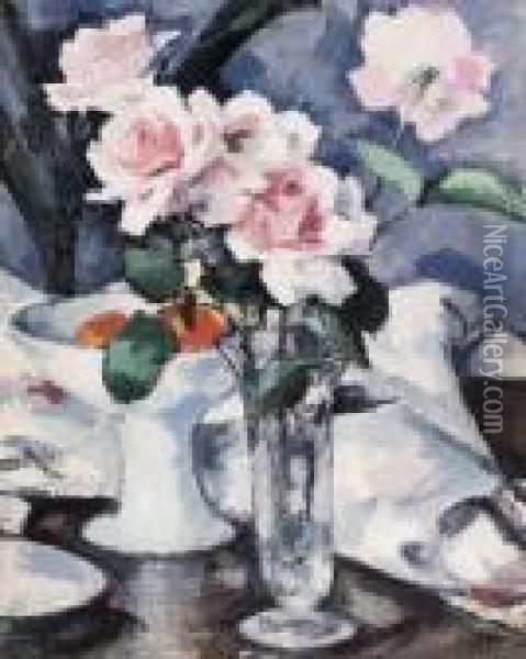 Pink Roses In A Glass Vase Oil Painting - Samuel John Peploe