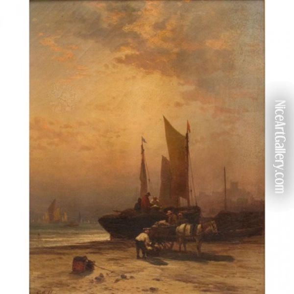 Unloading The Boat, Sunset Oil Painting - Edward Moran