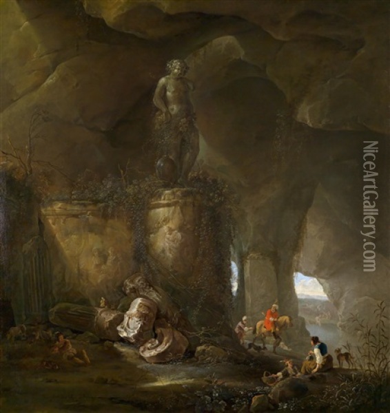 Eine Felsgrotte Mit Reisenden Und Einer Bacchusskulptur Oil Painting - Abraham van Cuylenborch