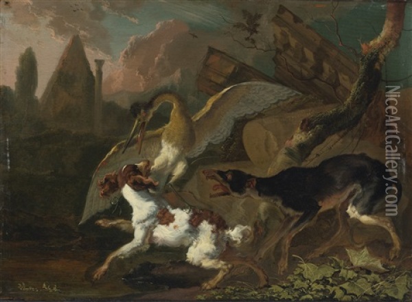 A Bird And Dog Fighting Oil Painting - Abraham Danielsz Hondius