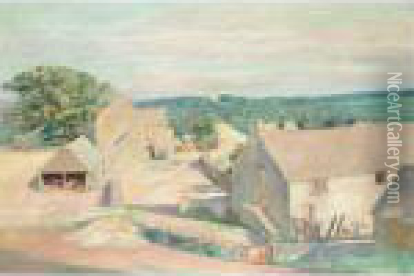 Sunlit Scene, Far Oakridge, Gloucestershire Oil Painting - William Rothenstein
