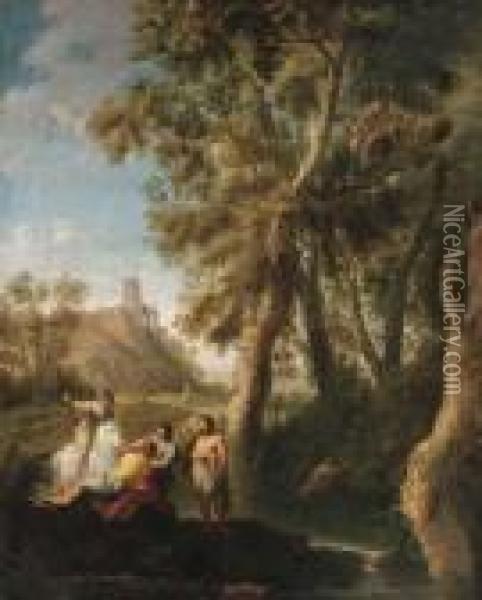 Classical Figures Conversing On The Banks Of A River Oil Painting - Paolo Anesi