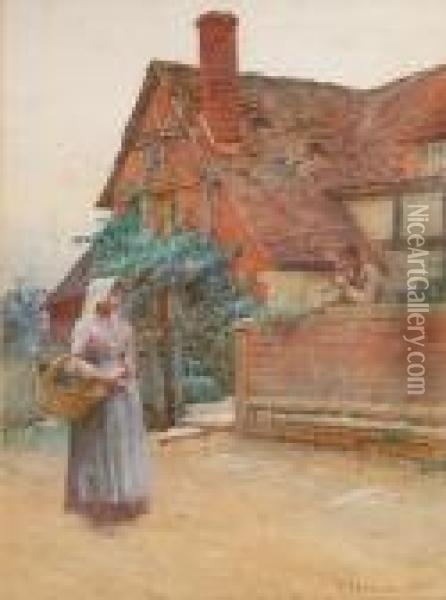 Off To Market, A Maiden Before A Timberedcottage Oil Painting - William Langley