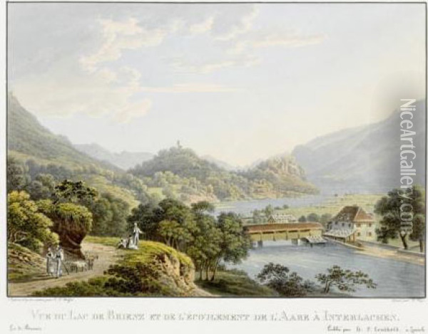 Vue Du Lac De Brienz Et De L'ecoulement De L'aare A Interlachen Oil Painting - Franz Hegi
