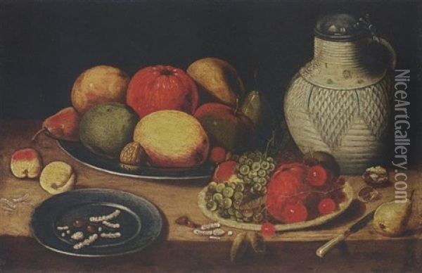 A Still Life With Apples, Pears, An Orange, A Walnut, Grapes, Cherries And Hazelnuts On Pewter Plates, Together With Apricots, A Knife, A Stoneware Jug With Cover, A Walnut And A Pear, All On A Ledge Oil Painting - Jan van Kessel the Elder