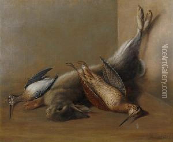 Dead Game In An Interior - Woodcock, Snipe And Rabbit Oil Painting - J. Francis Sartorius