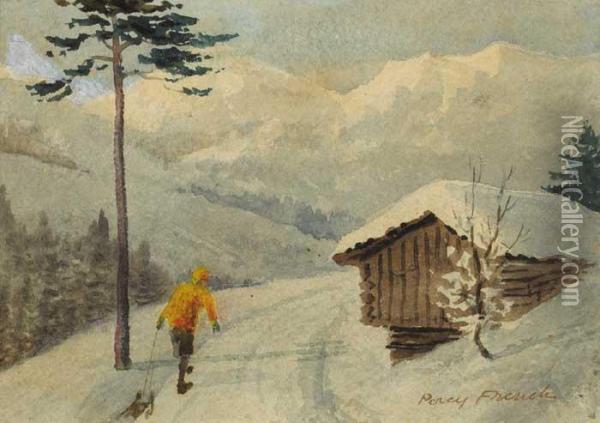 Swiss Alpine Scene With Figure Pulling Sled Oil Painting - William Percy French