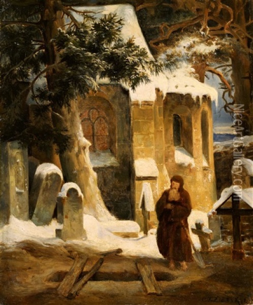 Studie Zu Dem Gemalde Klosterfriedhof Im Schnee Oil Painting - Karl Friedrich Lessing