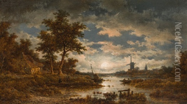 River Landscape At Full Moon Oil Painting - Remigius Adrianus van Haanen