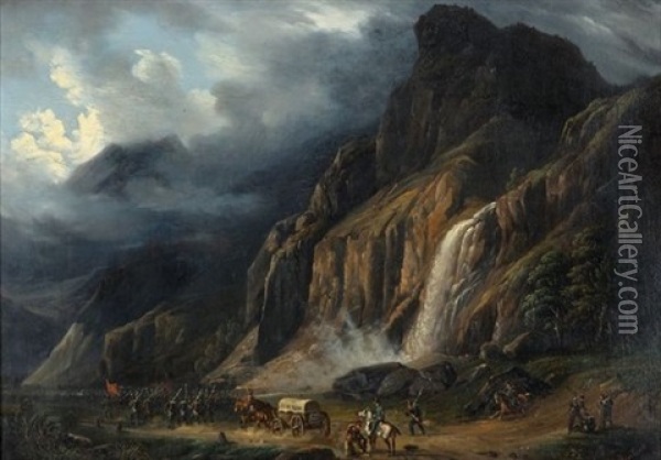 Entree Des Troupes Genevoises En Valais Par La Cascade De Pissevache En Automne Oil Painting - Horace Ernst Revilliod