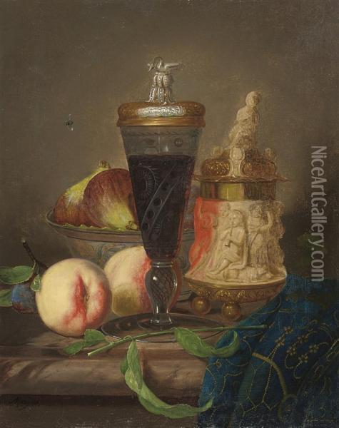 An Ornamental Urn, A Goblet Of Wine, A Bowl Of Figs, Peaches, A Plum And A Drape On A Ledge Oil Painting - Desire Alfred Magne