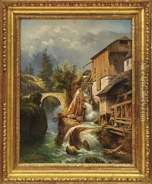 Wassermuhle An Einem Reisenden Gebirgsbach Oil Painting - Carl Haunold
