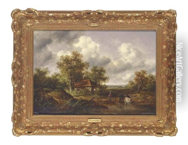 A Wooded Landscape With A Woodsman Watering Cattle At A Pond Oil Painting - Richard H. Hilder
