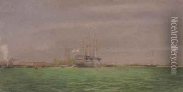 H.m.s Victory In Portsmouth Harbour Oil Painting - Irwin John David Bevan