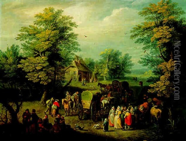 Travellers Resting On A Country Lane Oil Painting - Karel Beschey