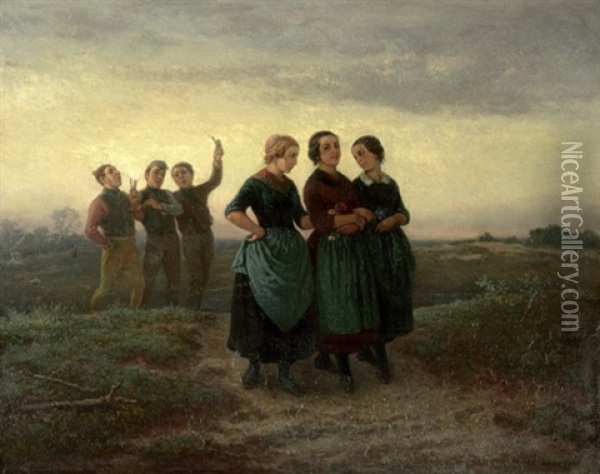 Junge Burschen Werben Um Madchen In Einer Dreiergruppe Oil Painting - Theodor (Fried. Wilhelm Heinrich Th.) Hosemann