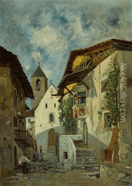 A Village Scene With Two Figures, Thought To Be Imst In Tyrol Oil Painting - Theodor von Hoermann