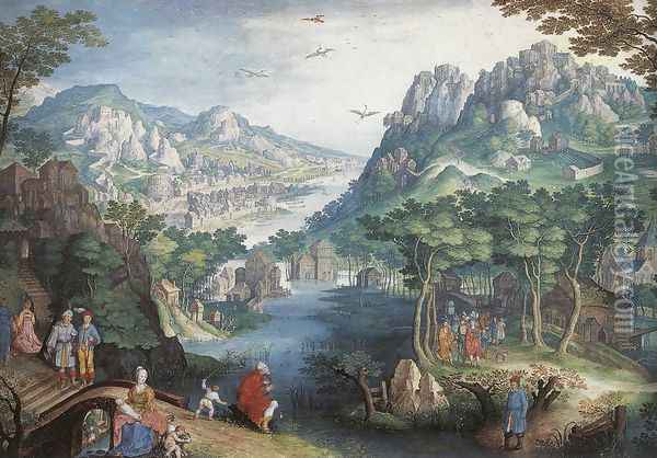 Mountain Landscape with River Valley and the Prophet Hosea Oil Painting - Gillis van Coninxloo