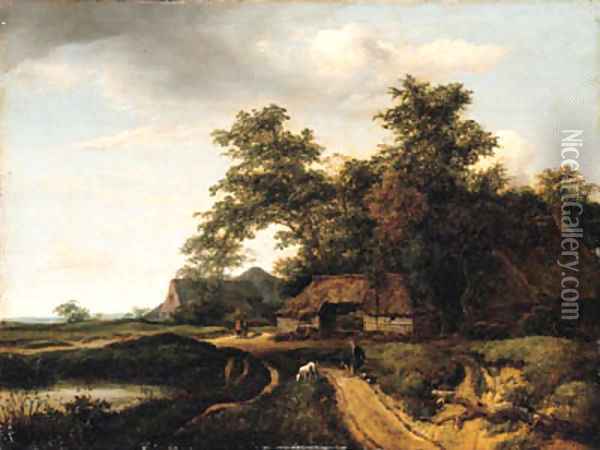 A wooded landscape with a traveler resting on a path Oil Painting - Jacob Van Ruisdael