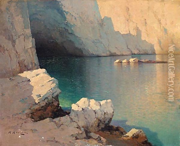 Two Seascapes Cavern Entrance And Rowing Boats Moored At Night Oil Painting - Aleksei Vasilievich Hanzen