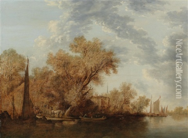 A River Landscape With Ferry Boats Oil Painting - Salomon van Ruysdael