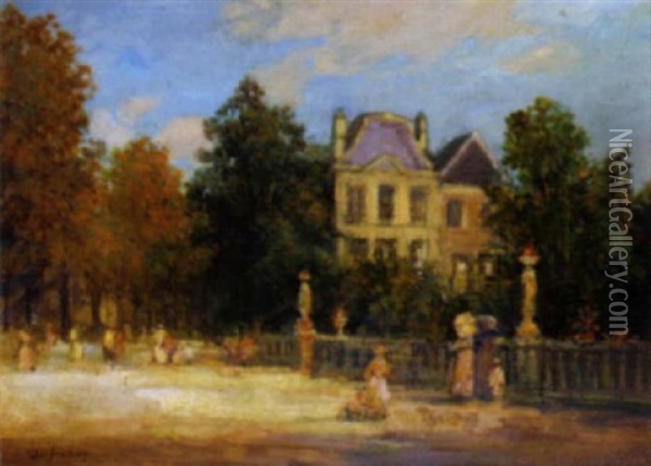 Elegant Figures Before A French Chateau Oil Painting - Georges Dufrenoy