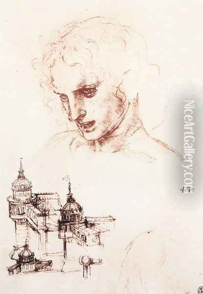 Study of an apostle's head and architectural study 1494-98 Oil Painting - Leonardo Da Vinci