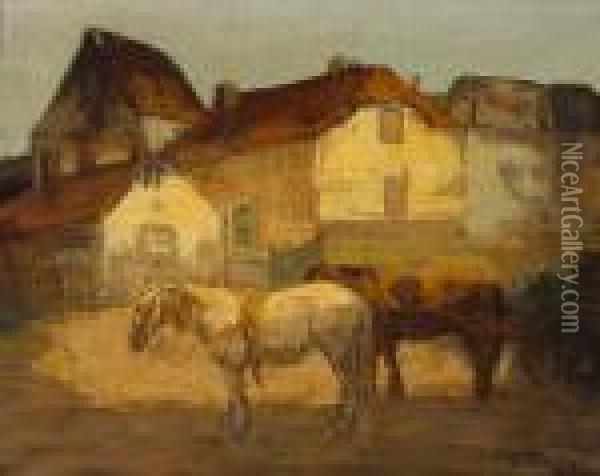 A Village Scene With Two Horses And A Cart In The Foreground Oil Painting - George Hendrik Breitner