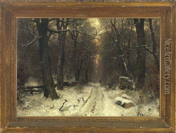 View Of A Snow Covered Path In A Forest At Sunset Oil Painting - Sophus Jacobsen