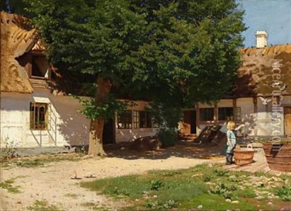 A Little Boy Playing In A Sunlit Courtyard Oil Painting - Ludvig Kabell