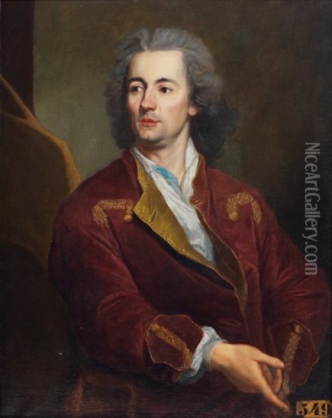 Portrait D'homme En Buste, Veste Rouge Et Brodee, Le Col Ouvert Oil Painting - Alexis-Simon Belle