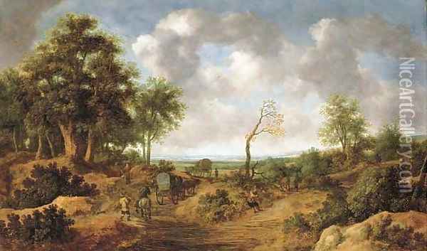 A wooded landscape with travellers in wagons on a path Oil Painting - Pieter de Molyn