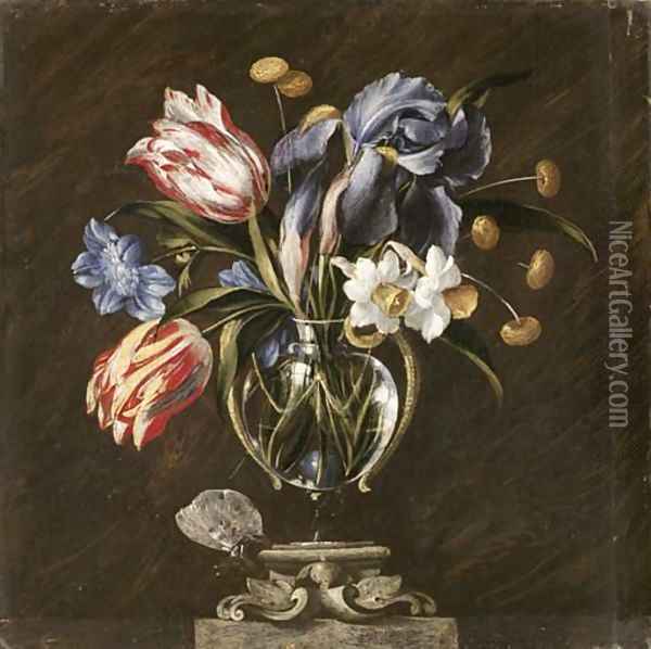 Tulips, daffodils, irises and other flowers in a glass vase on a sculpted stand, with a butterfly Oil Painting - Juan De Arellano