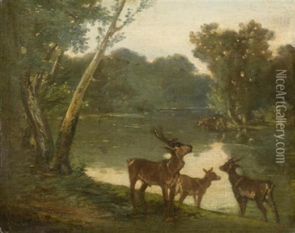 Flusslandschaft Mit Rehen (collab. W/studio) Oil Painting - Gustave Courbet