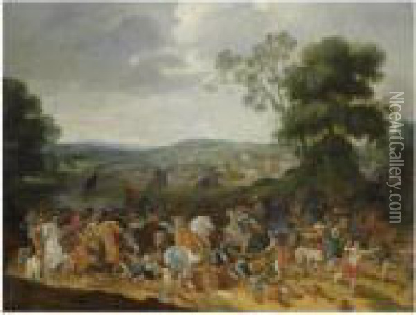 A Cavalry Battle Scene In A Hilly Landscape Oil Painting - Pieter Meulenaer