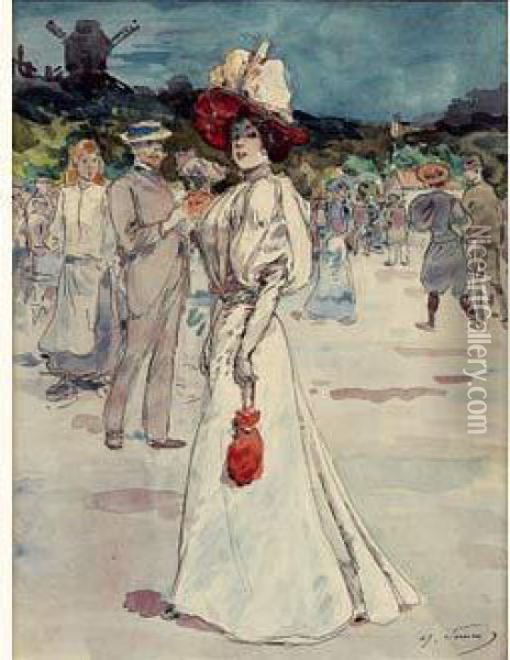Au Pied Du Moulin, Canotier Et Chapeau Rouge Oil Painting - Henry Somm