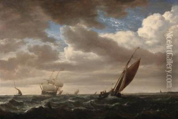 A Kaag And Other Shipping In A Fresh Breeze Oil Painting - Willem van de, the Elder Velde
