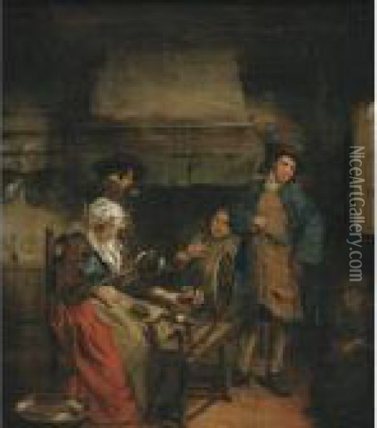 Interior With Figures By A Fireplace Oil Painting - Jan Jozef, the Younger Horemans