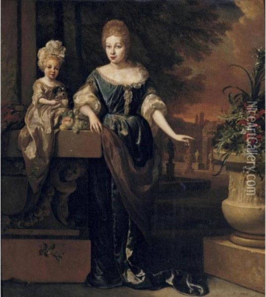 Portrait Of A Mother And Child On A Terrace, A Garden Beyond Oil Painting - Jan Weenix