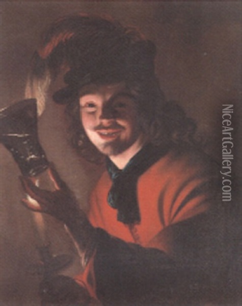 Portrait Of A Young Man Holding A Roemer And A Candle Oil Painting - Gerrit Van Honthorst