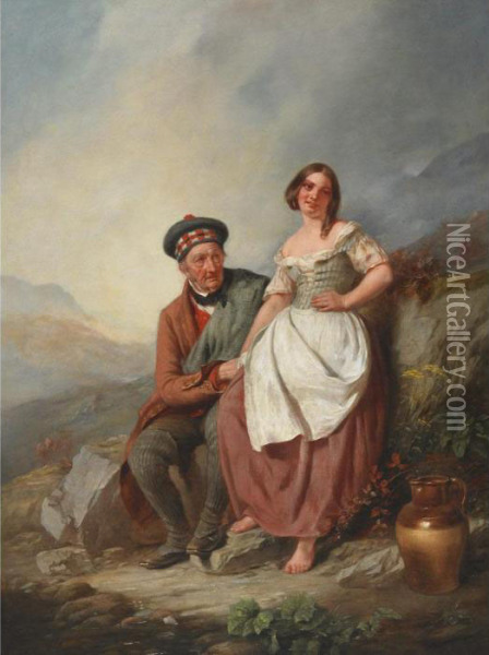 Scottish Lass With An Elder Highlander In A Mountainouslandscape Oil Painting - Snr William Shayer
