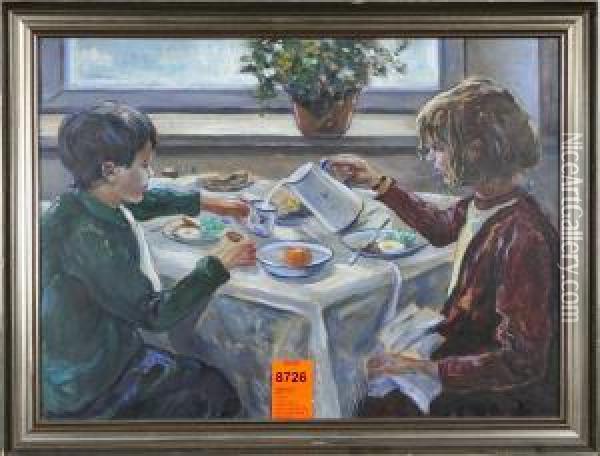 Barn Vid Matbord Oil Painting - Bertil Noren